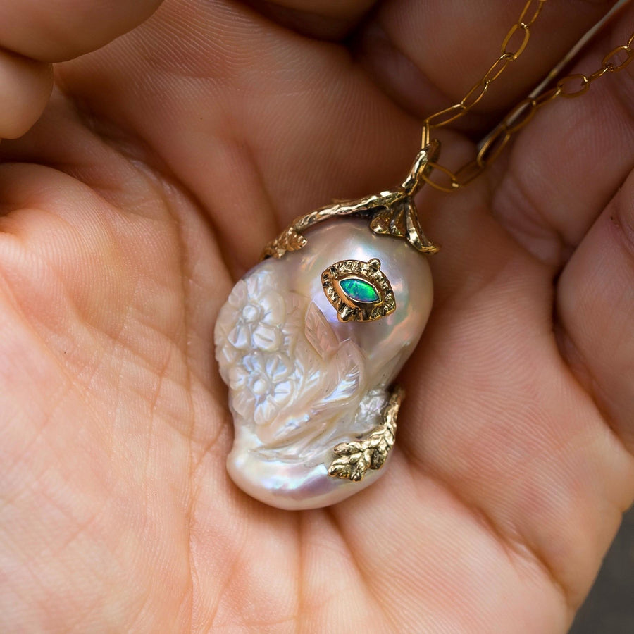 14K Gold Baroque Pearl Pendant, Australian Opal, Vintage, Natural Freshwater Carved, Flower,, Handmade, Gift for her cottagecore, fairycore