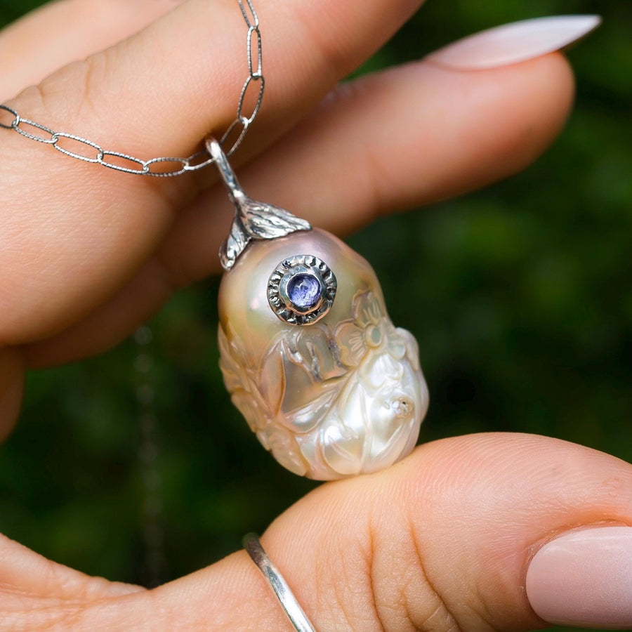 Carved Baroque Pearl & Tanzanite Pendant