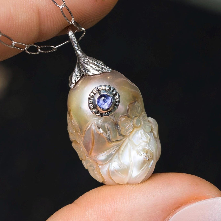 Carved Baroque Pearl & Tanzanite Pendant