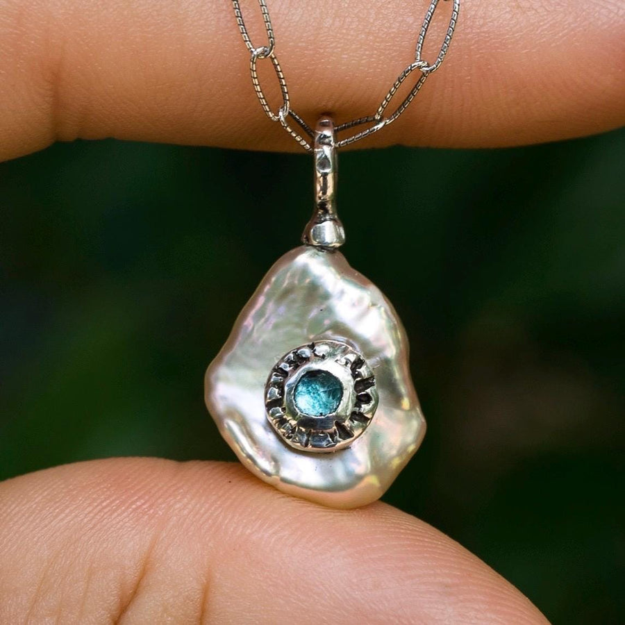 Blue Topaz & Keshi Pearl Pendant, Sterling silver, Freeform Pearl, Handmade, Unique gift, Freeform, cottagecore, vintage style