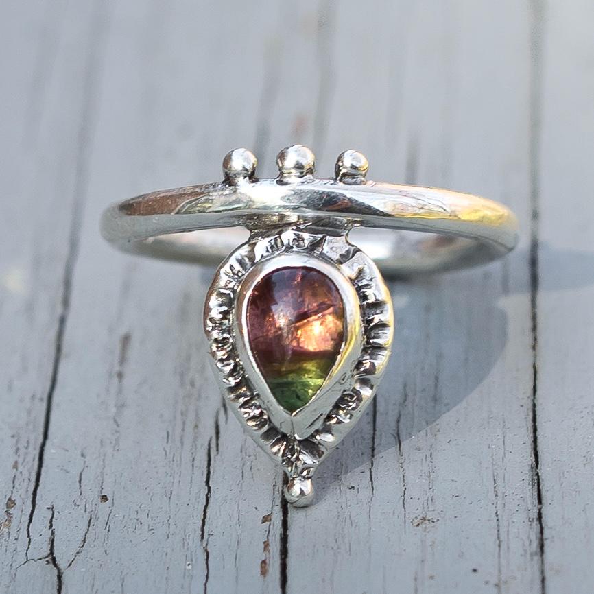 MARGOT Tourmaline Ring, Sz 6, Pink Green Bicolor Watermelon tourmaline, Teardrop Pear, Sterling silver, gift for her, handmade