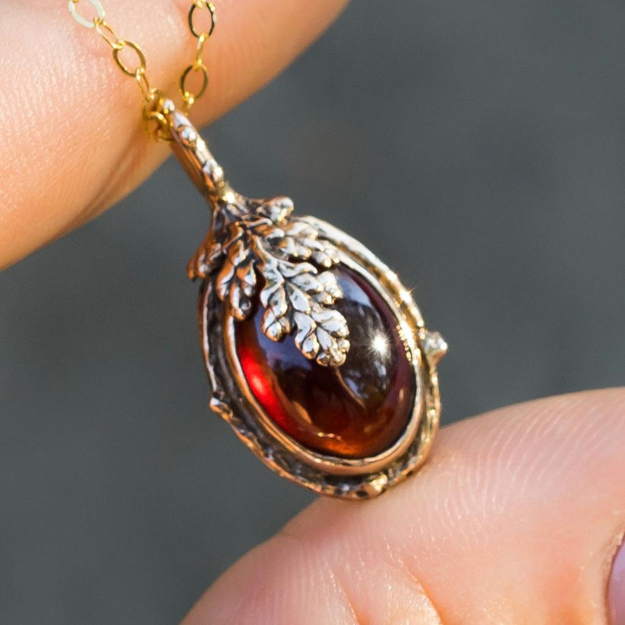 ASPEN Garnet Pendant, Hessonite Garnet, Bronze, Blood red Gemstone, Oval, Leaf, Gold, Handmade, Gift For her