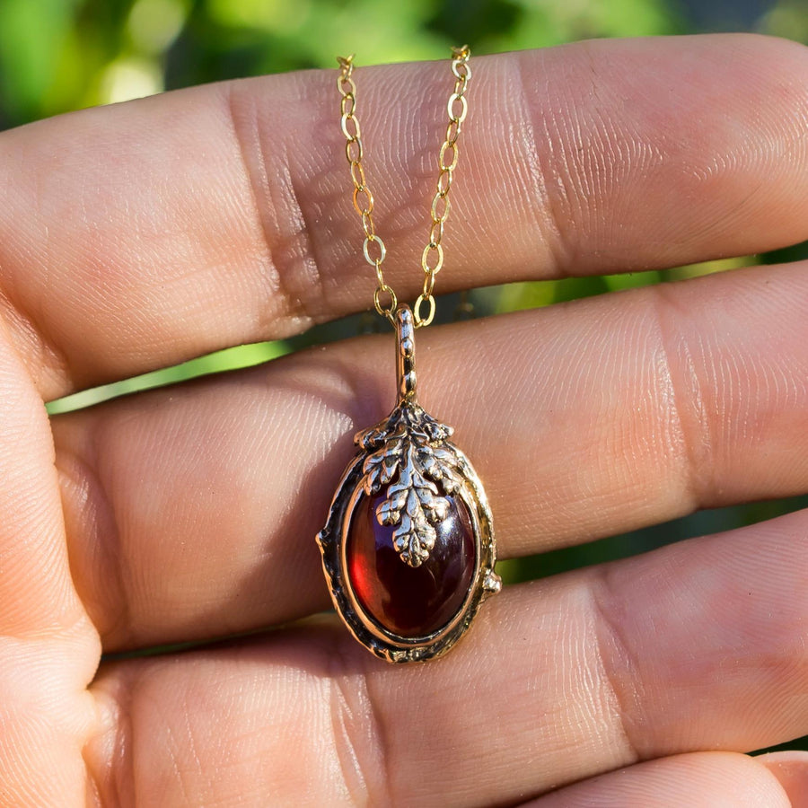 ASPEN Garnet Pendant, Hessonite Garnet, Bronze, Blood red Gemstone, Oval, Leaf, Gold, Handmade, Gift For her