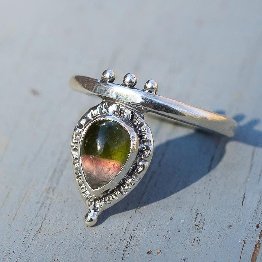 watermelon tourmaline pear sterling silver ring