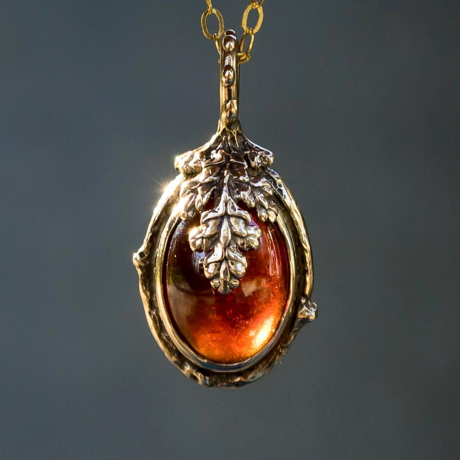 ASPEN Garnet Pendant, Hessonite Garnet, Bronze, Blood red Gemstone, Oval, Leaf, Gold, Handmade, Gift For her