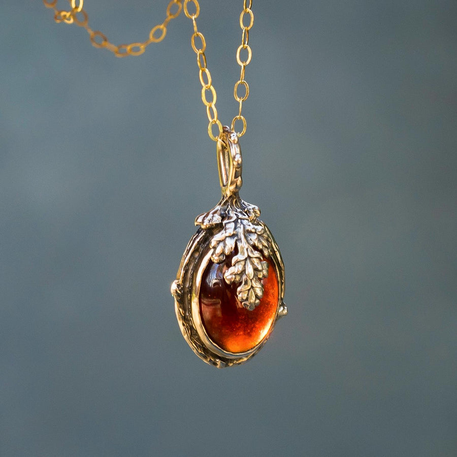 ASPEN Garnet Pendant, Hessonite Garnet, Bronze, Blood red Gemstone, Oval, Leaf, Gold, Handmade, Gift For her