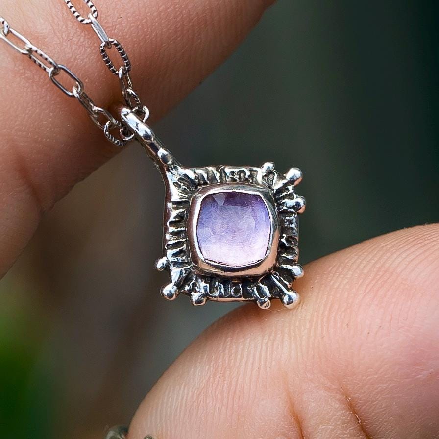 TRINITY / Pink Amethsyt Pendant, Antique Style, purple gemstone, Dainty Cushion Cut, Celestial, Spiritual, gift for her, January Birthstone