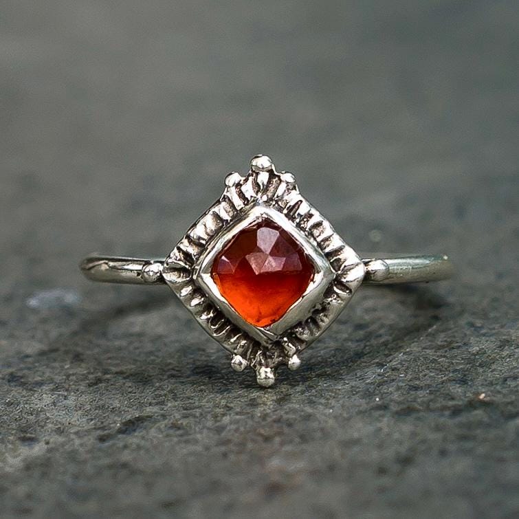 TRINITY / Garnet Ring, Cushion cut, Red Hessonite Garnet, January Birthstone, Handmade, sterling silver, 14k gold, Dainty, Gift