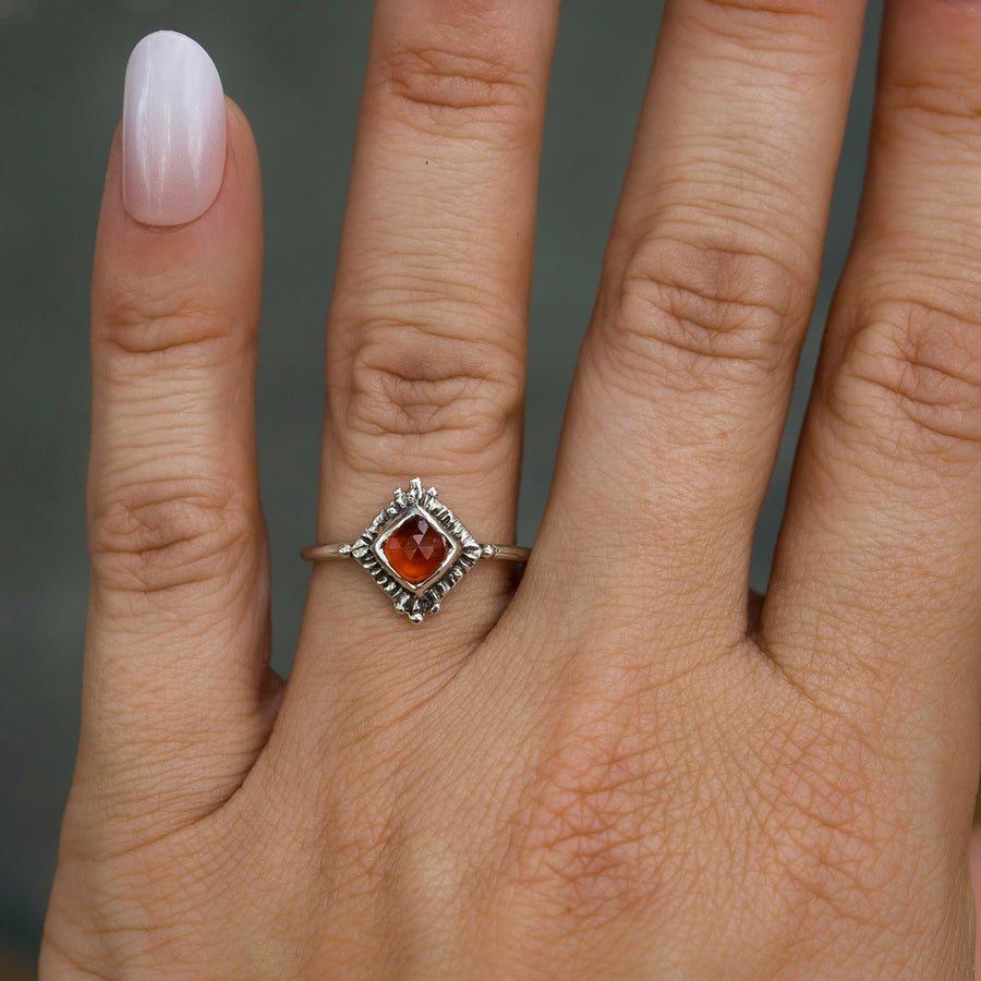 TRINITY / Garnet Ring, Cushion cut, Red Hessonite Garnet, January Birthstone, Handmade, sterling silver, 14k gold, Dainty, Gift