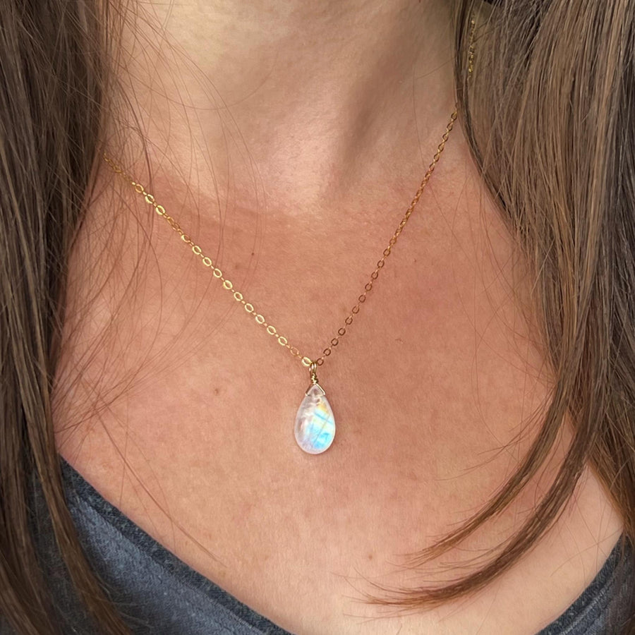 Rainbow Moonstone Drop Pendant, Wire wrapped, Minimalist Necklace,Quality, Teardrop Bead, Sterling Silver, Gold Filled, Dainty, Gift for her