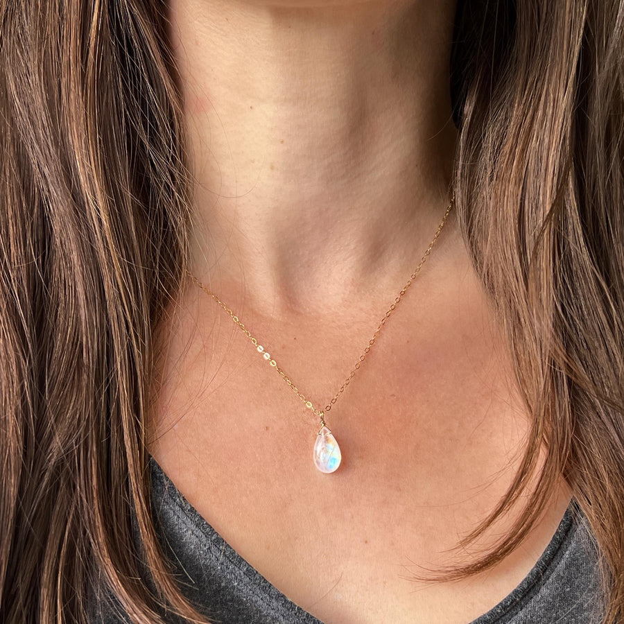 Rainbow Moonstone Drop Pendant, Wire wrapped, Minimalist Necklace,Quality, Teardrop Bead, Sterling Silver, Gold Filled, Dainty, Gift for her