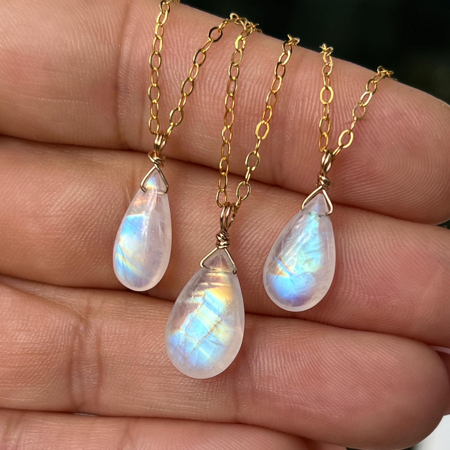 Rainbow Moonstone Drop Pendant, Wire wrapped, Minimalist Necklace,Quality, Teardrop Bead, Sterling Silver, Gold Filled, Dainty, Gift for her