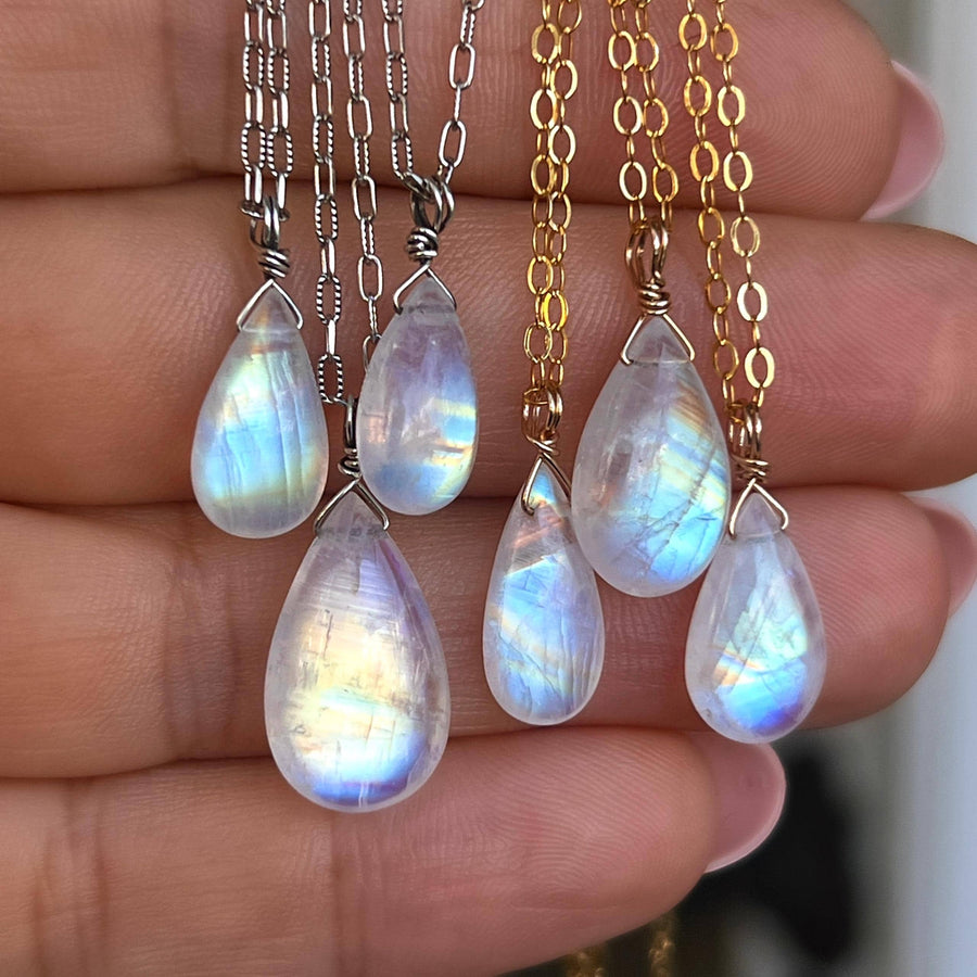 Rainbow Moonstone Drop Pendant, Wire wrapped, Minimalist Necklace,Quality, Teardrop Bead, Sterling Silver, Gold Filled, Dainty, Gift for her