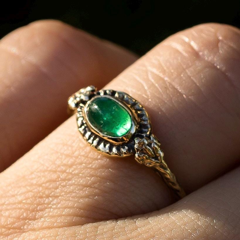 14k Gold HARMONY Emerald Ring, Size 7.5, Branch Leaf, Natural emerald, Green, May Birthstone, Handmade, Dainty, Gift, One of a kind