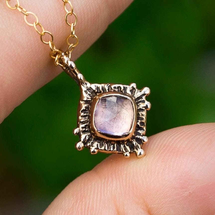 TRINITY / Pink Amethsyt Pendant, Antique Style, purple gemstone, Dainty Cushion Cut, Celestial, Spiritual, gift for her, January Birthstone