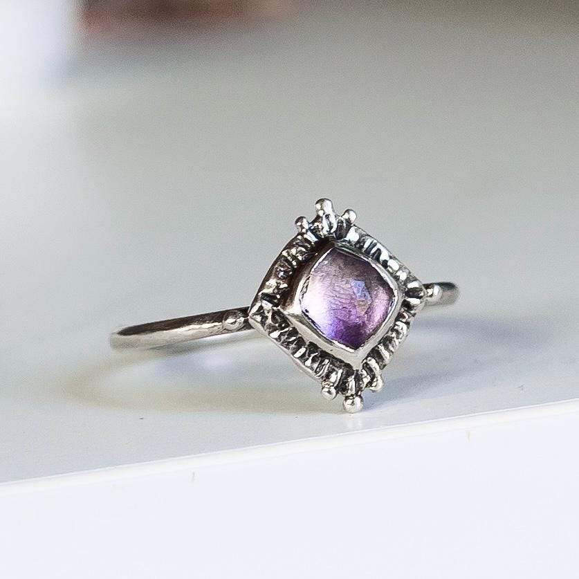 TRINITY / Pink Amethyst Ring, Cushion cut, Lavender, February Birthstone, Handmade, sterling silver, 14k gold, Dainty, Gift