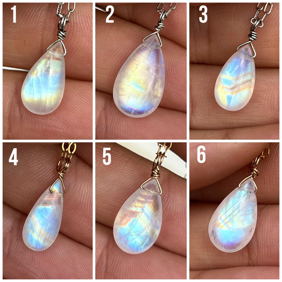 Rainbow Moonstone Drop Pendant, Wire wrapped, Minimalist Necklace,Quality, Teardrop Bead, Sterling Silver, Gold Filled, Dainty, Gift for her