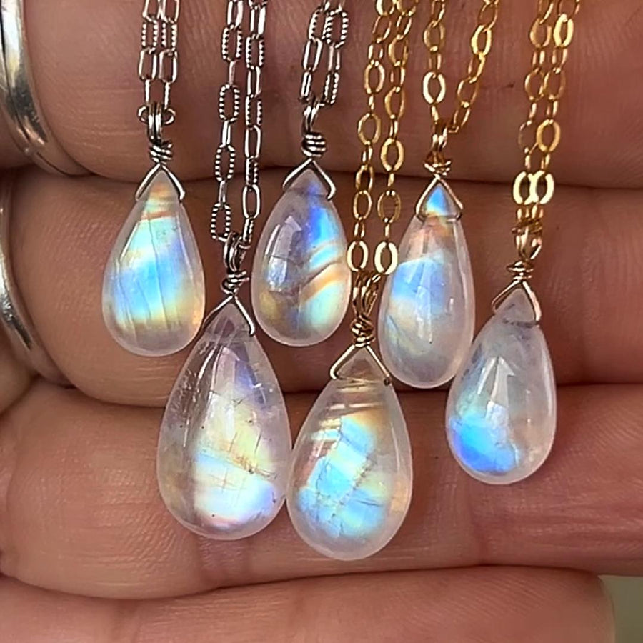 Rainbow Moonstone Drop Pendant, Wire wrapped, Minimalist Necklace,Quality, Teardrop Bead, Sterling Silver, Gold Filled, Dainty, Gift for her