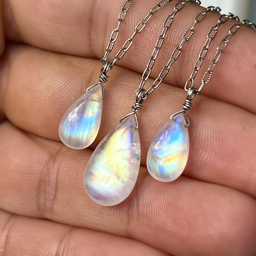 Rainbow Moonstone Drop Pendant, Wire wrapped, Minimalist Necklace,Quality, Teardrop Bead, Sterling Silver, Gold Filled, Dainty, Gift for her