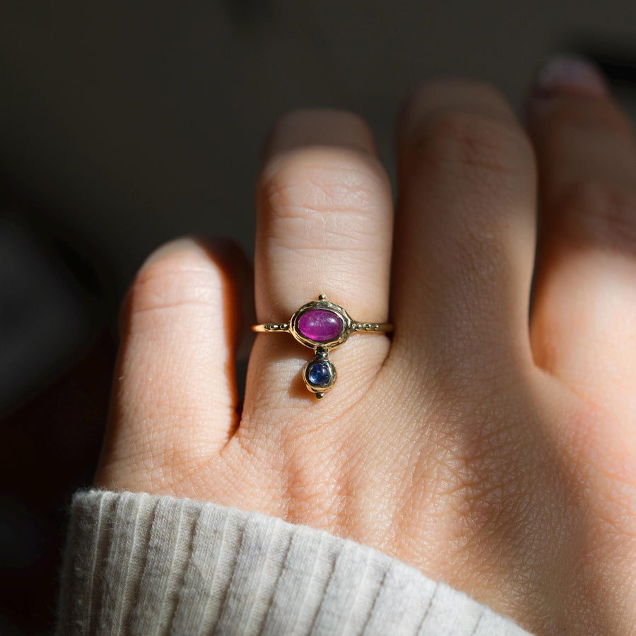 14k Gold Ruby + Tanzanite Ring, Sz 7, Solid Gold, Dainty, antique, vintage style, Gift for her, handmade