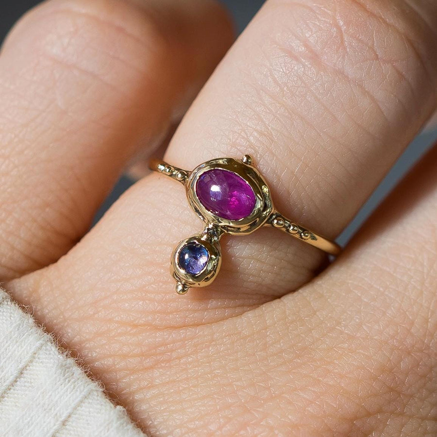 14k Gold Ruby + Tanzanite Ring, Sz 7, Solid Gold, Dainty, antique, vintage style, Gift for her, handmade