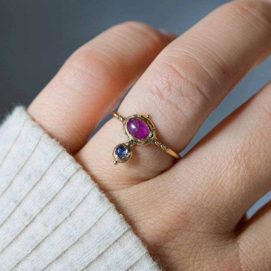 14k Gold Ruby + Tanzanite Ring, Sz 7, Solid Gold, Dainty, antique, vintage style, Gift for her, handmade