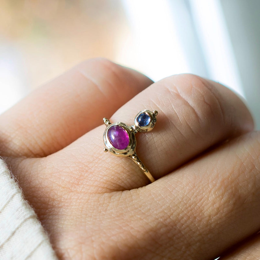 14k Gold Ruby + Tanzanite Ring, Sz 7, Solid Gold, Dainty, antique, vintage style, Gift for her, handmade