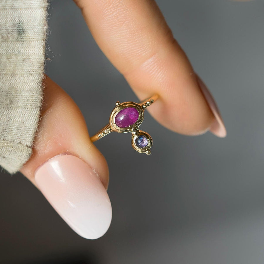 14k Gold Ruby + Tanzanite Ring, Sz 7, Solid Gold, Dainty, antique, vintage style, Gift for her, handmade