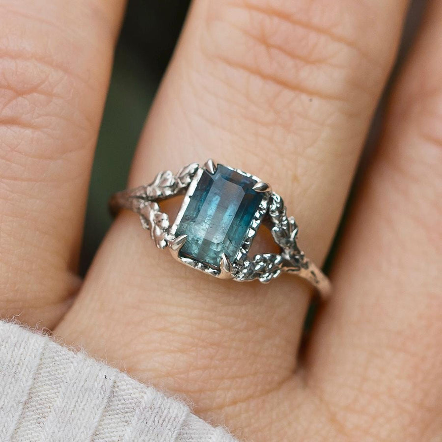 Bicolor Tourmaline Silver Ring, Sterling Silver, Leaf Branch Shank, Vine Ring, Blue, Denim, Indigo, Emerald Cut, handmade, Vintage style