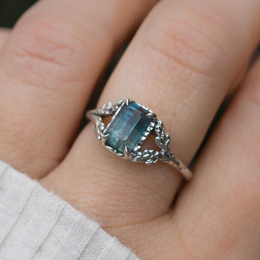 Bicolor Tourmaline Silver Ring, Sterling Silver, Leaf Branch Shank, Vine Ring, Blue, Denim, Indigo, Emerald Cut, handmade, Vintage style