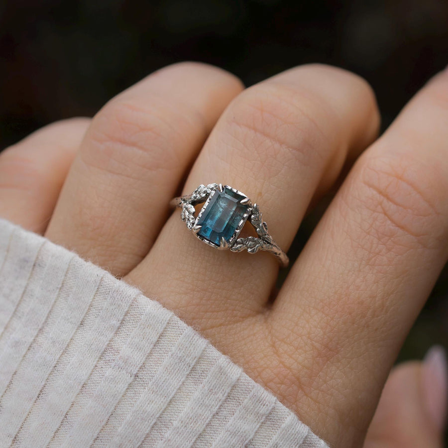 Bicolor Tourmaline Silver Ring, Sterling Silver, Leaf Branch Shank, Vine Ring, Blue, Denim, Indigo, Emerald Cut, handmade, Vintage style