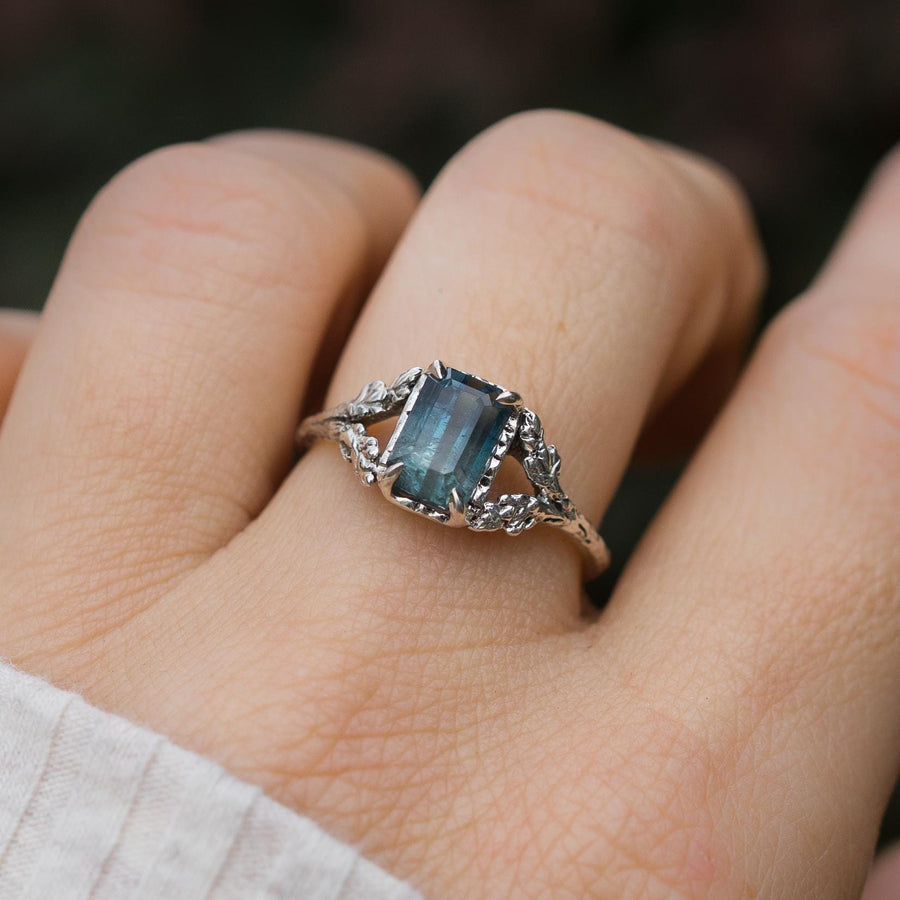 Bicolor Tourmaline Silver Ring, Sterling Silver, Leaf Branch Shank, Vine Ring, Blue, Denim, Indigo, Emerald Cut, handmade, Vintage style