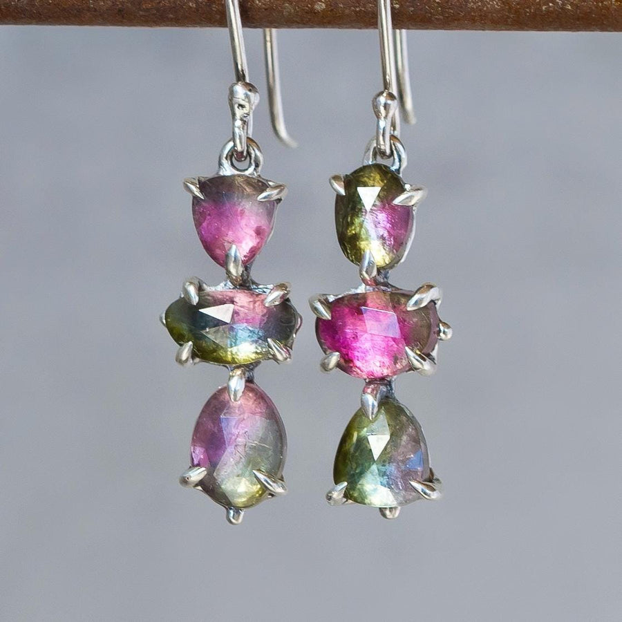 Watermelon Tourmaline Earrings, sterling silver, Claw setting dangle drop, cluster, Bicolor, pink, green, Gift for her