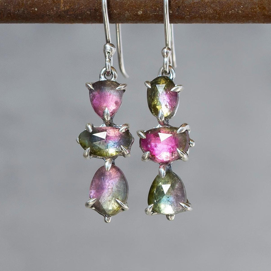 Watermelon Tourmaline Earrings, sterling silver, Claw setting dangle drop, cluster, Bicolor, pink, green, Gift for her