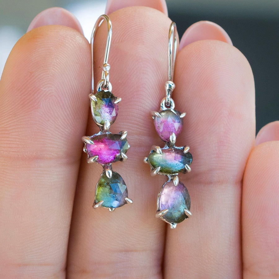 Watermelon Tourmaline Earrings, sterling silver, Claw setting dangle drop, cluster, Bicolor, pink, green, Gift for her