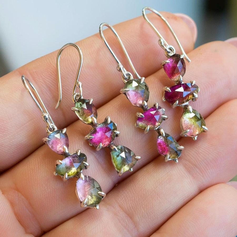 Watermelon Tourmaline Earrings, sterling silver, Claw setting dangle drop, cluster, Bicolor, pink, green, Gift for her