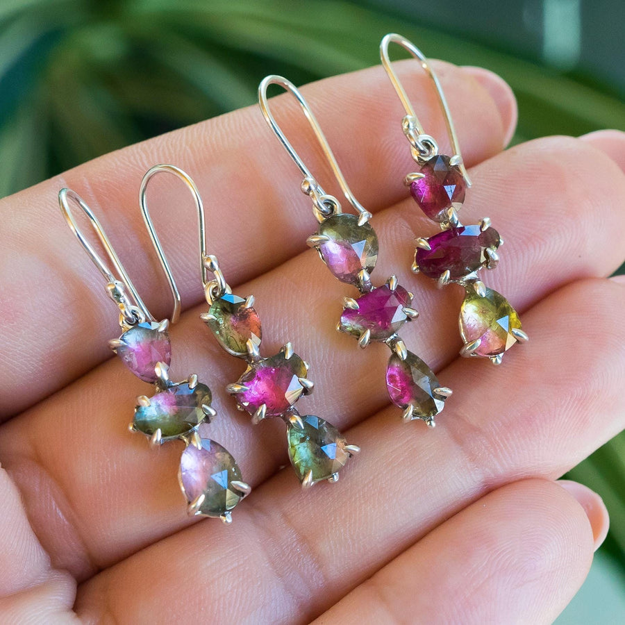 Watermelon Tourmaline Earrings, sterling silver, Claw setting dangle drop, cluster, Bicolor, pink, green, Gift for her