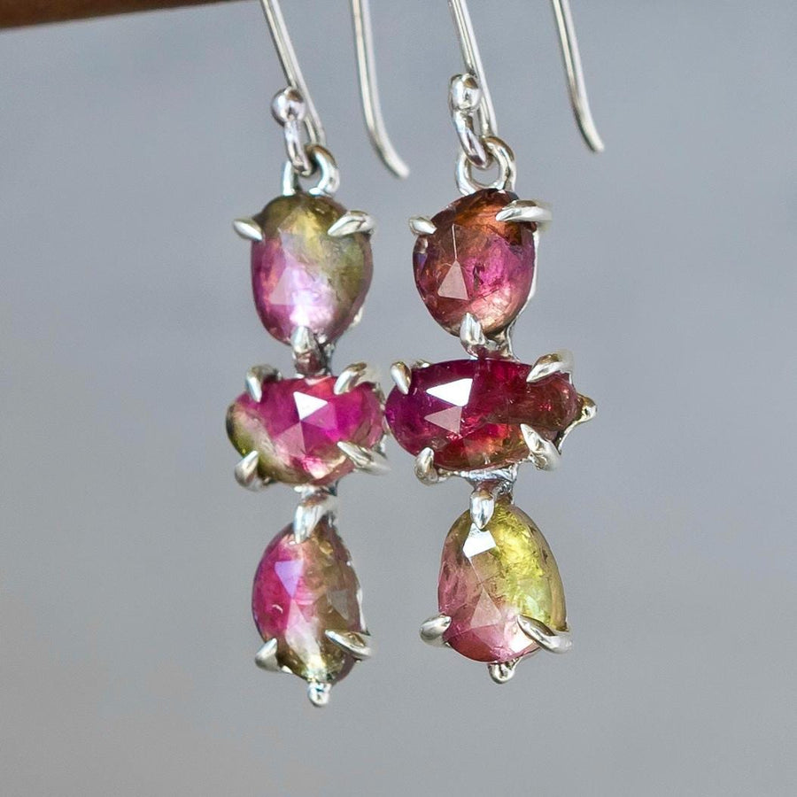 Watermelon Tourmaline Earrings, sterling silver, Claw setting dangle drop, cluster, Bicolor, pink, green, Gift for her