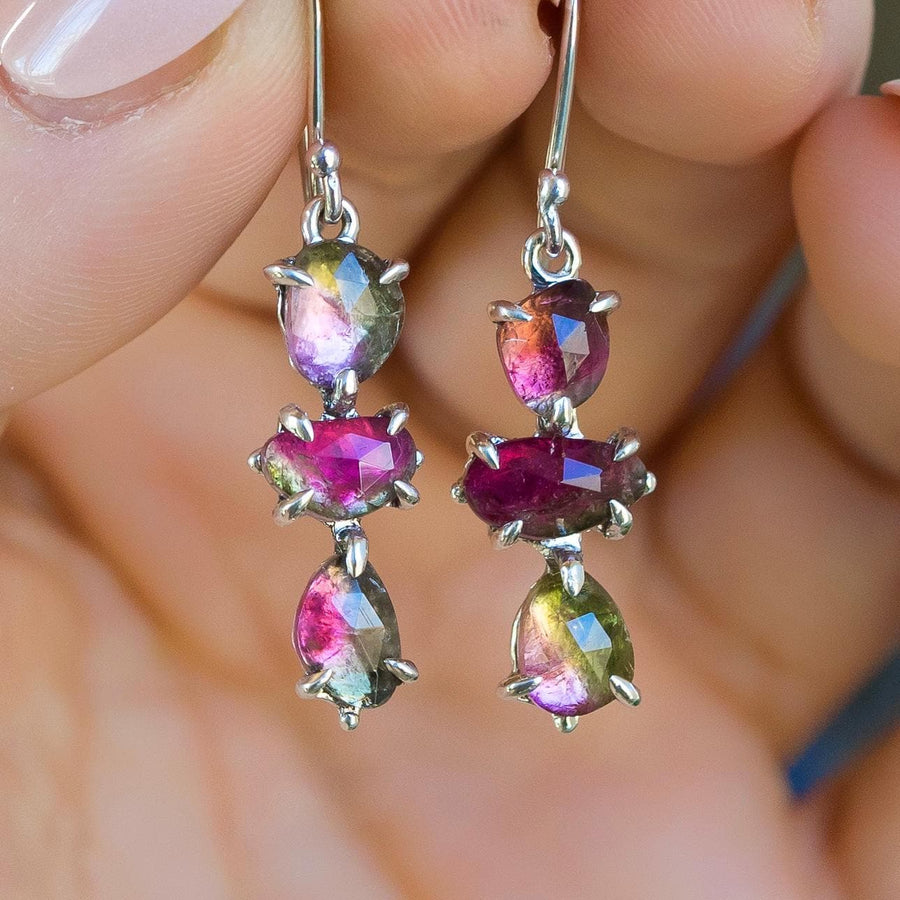 Watermelon Tourmaline Earrings, sterling silver, Claw setting dangle drop, cluster, Bicolor, pink, green, Gift for her