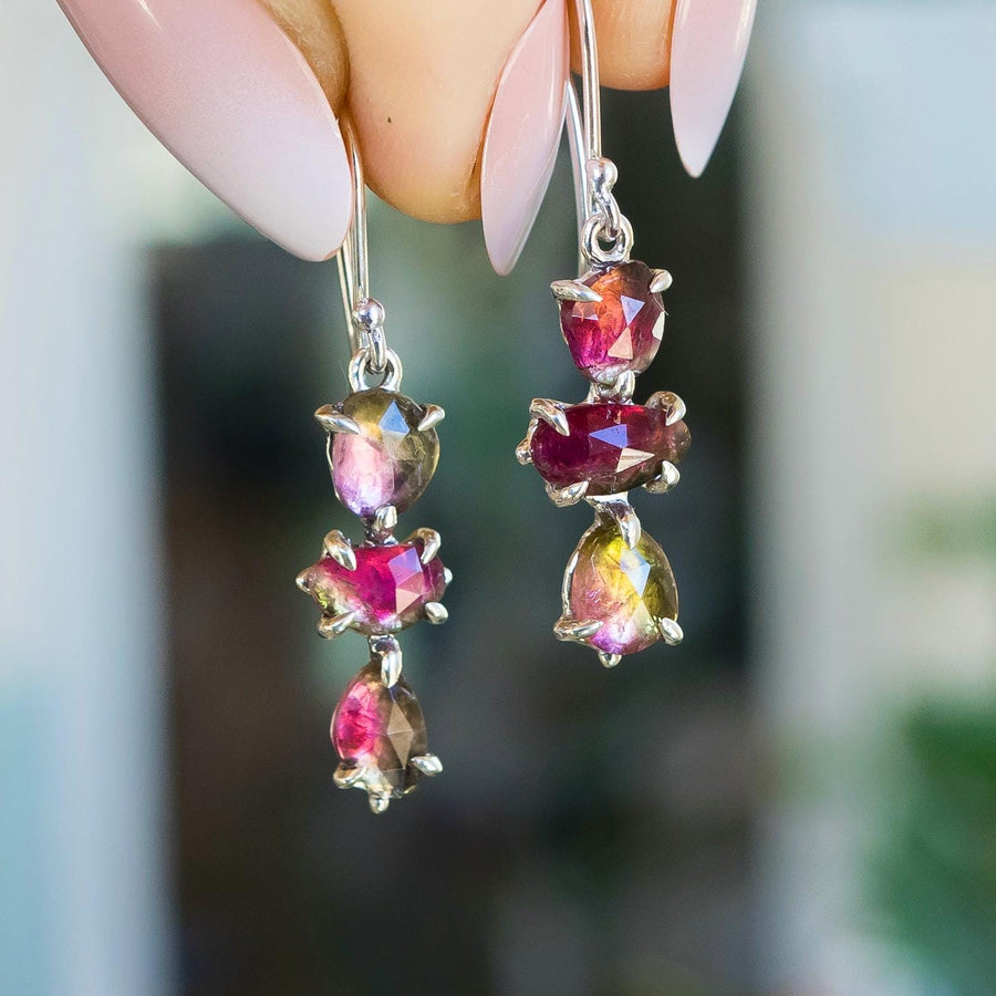 Watermelon Tourmaline Earrings, sterling silver, Claw setting dangle drop, cluster, Bicolor, pink, green, Gift for her