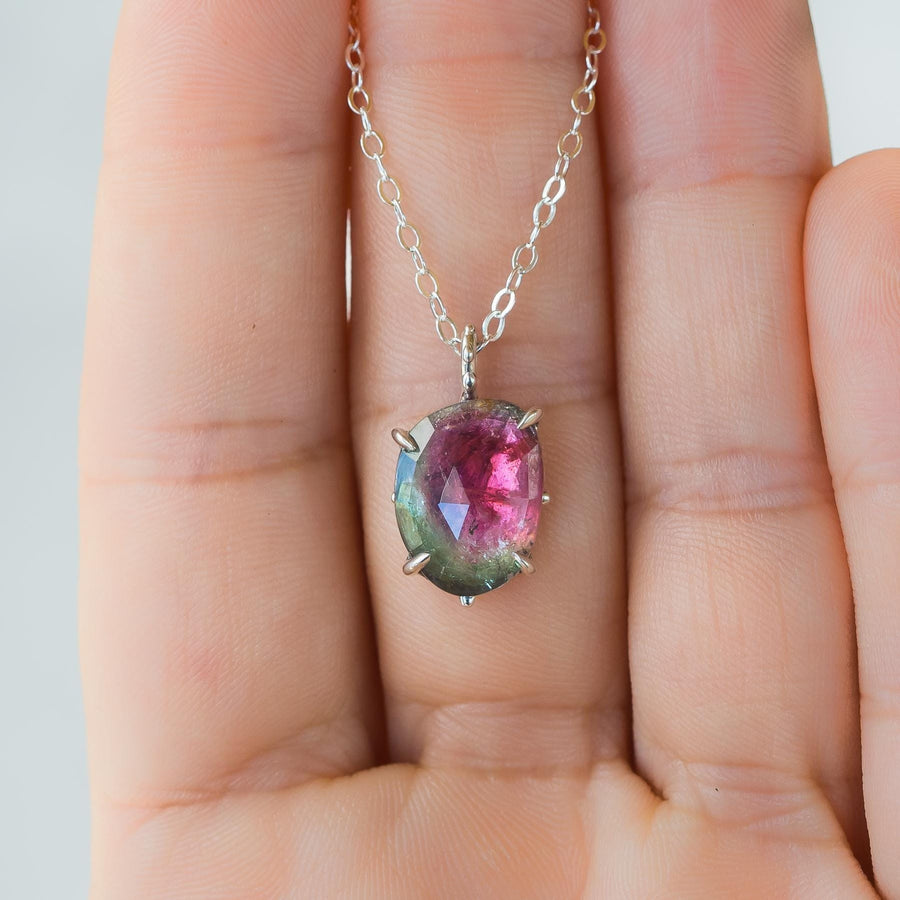 Watermelon Tourmaline Claw Pendant, Sterling silver, Pink green tourmaline, faceted, rose cut, freeform, gift for her