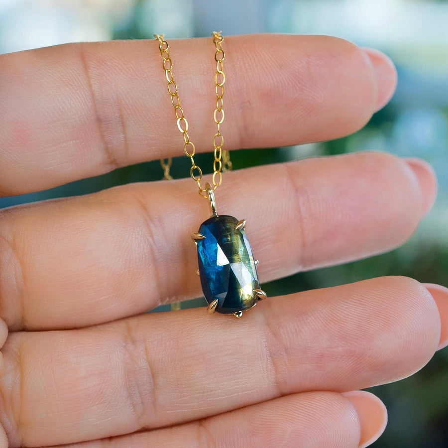 14k Gold Bicolor Kyanite Pendant, Solid Gold Necklace, Blue Bicolor Kyanite, faceted, rose cut, freeform, gift for her