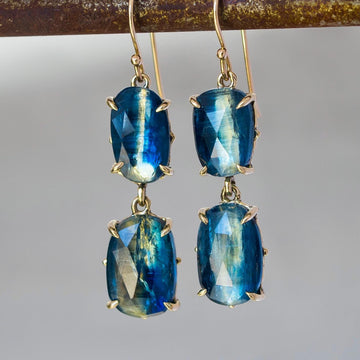 14k Gold Kyanite Earrings, Solid gold dangle earrings, Bicolor Blue Kyanite, Claw setting, dangle drop, cluster, Gift for her