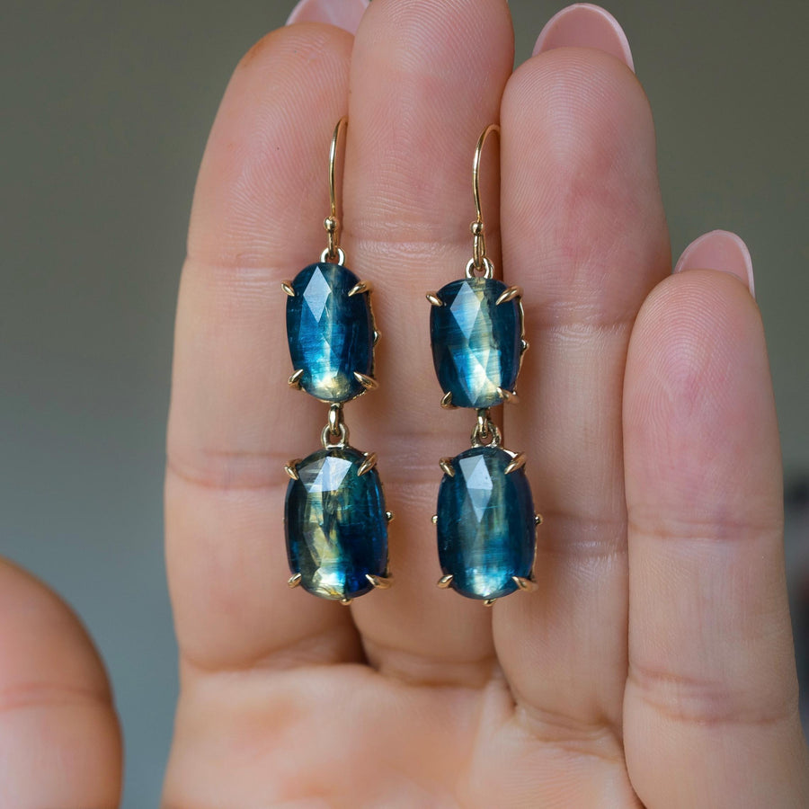 14k Gold Kyanite Earrings, Solid gold dangle earrings, Bicolor Blue Kyanite, Claw setting, dangle drop, cluster, Gift for her