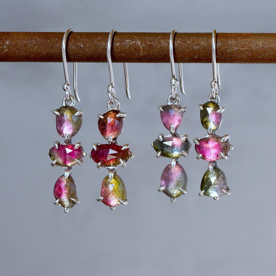 Watermelon Tourmaline Earrings, sterling silver, Claw setting dangle drop, cluster, Bicolor, pink, green, Gift for her