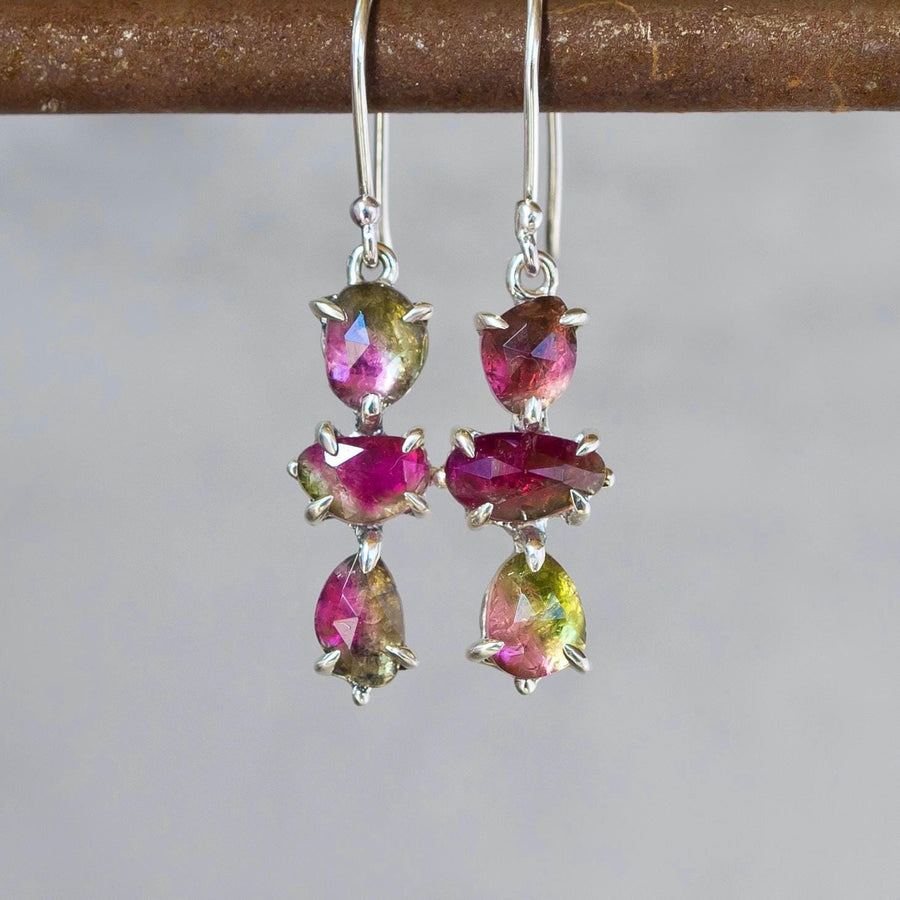 Watermelon Tourmaline Earrings, sterling silver, Claw setting dangle drop, cluster, Bicolor, pink, green, Gift for her