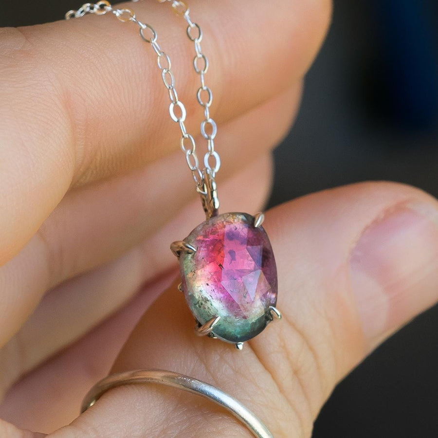 Watermelon Tourmaline Claw Pendant, Sterling silver, Pink green tourmaline, faceted, rose cut, freeform, gift for her