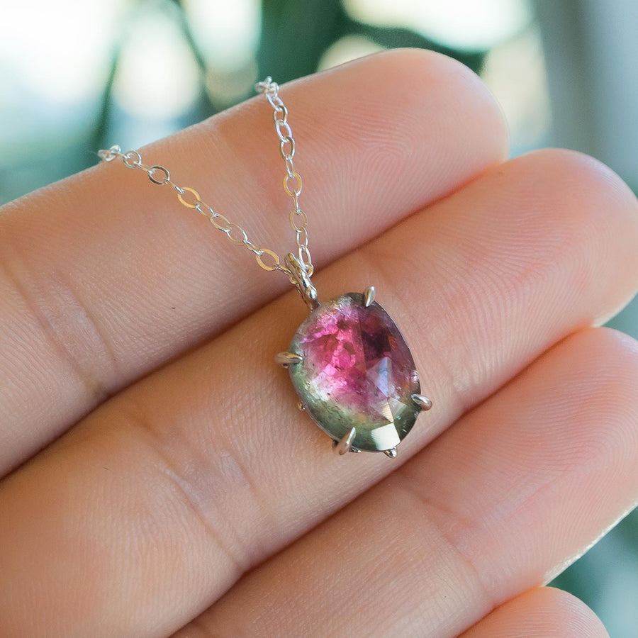 Watermelon Tourmaline Claw Pendant, Sterling silver, Pink green tourmaline, faceted, rose cut, freeform, gift for her