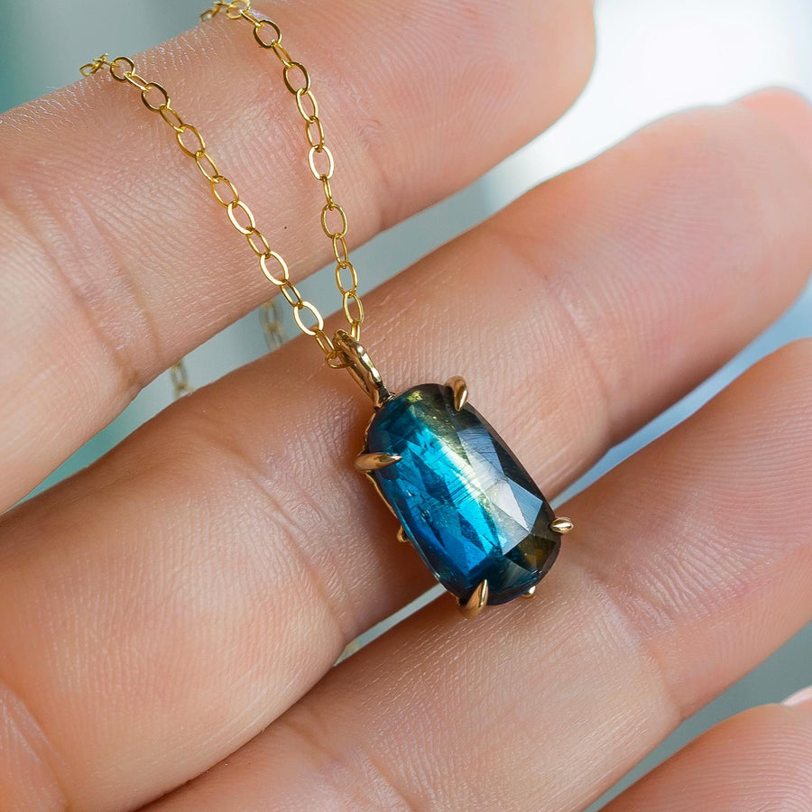 14k Gold Bicolor Kyanite Pendant, Solid Gold Necklace, Blue Bicolor Kyanite, faceted, rose cut, freeform, gift for her