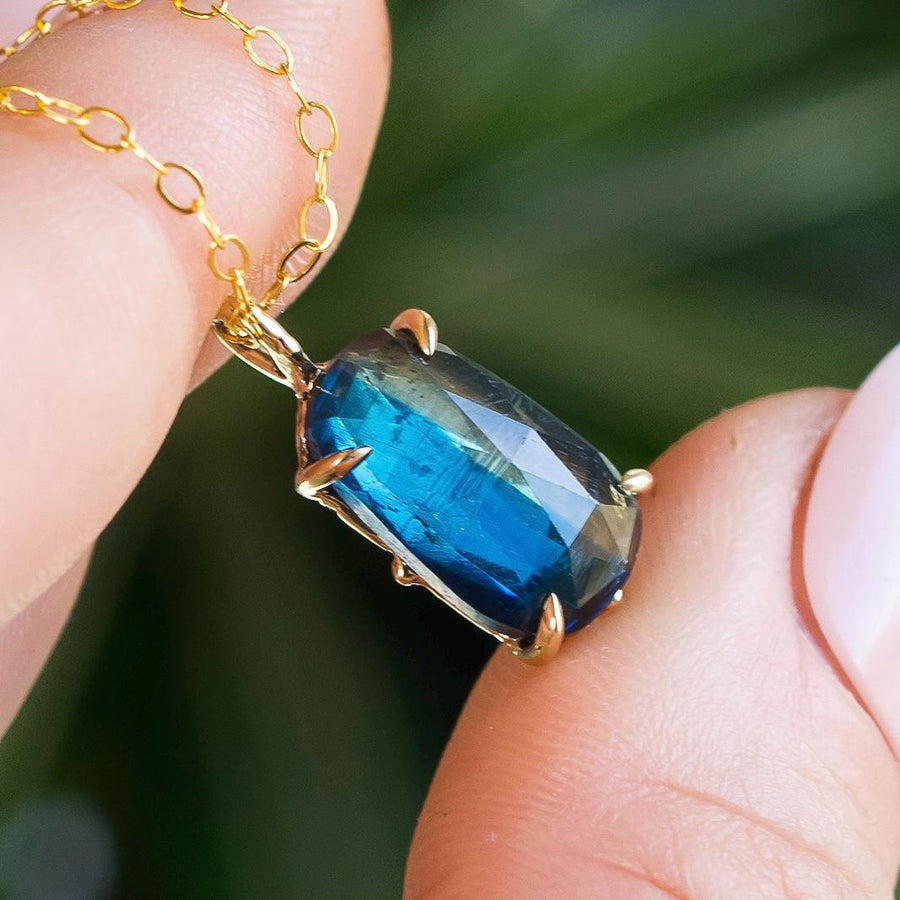 14k Gold Bicolor Kyanite Pendant, Solid Gold Necklace, Blue Bicolor Kyanite, faceted, rose cut, freeform, gift for her